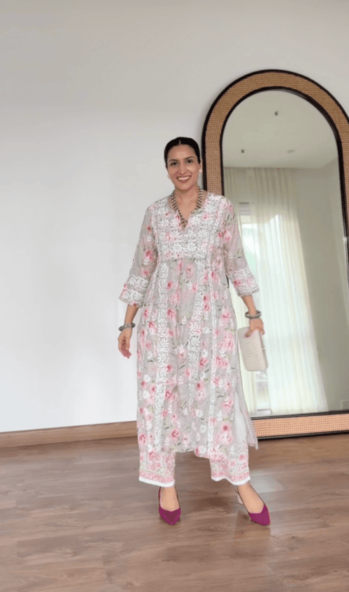 Urmi in Fizaa Chikankari Long Kurta in Muslin Cotton for Women- Grey Print
